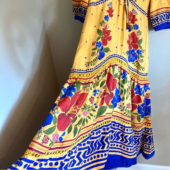 NEW FARM Rio Floral Yard Yellow Maxi Dress Embroidered Eyelet Beaded Tassel XS/S - Picture 10 of 16